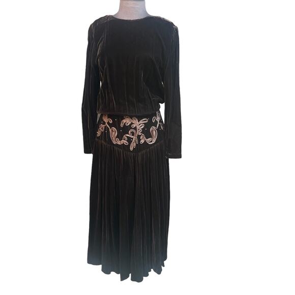 Vtg Velvet Drop Waist Embroidered Dress Womens M Fairy Grunge Whimsigoth Regency - Picture 1 of 8